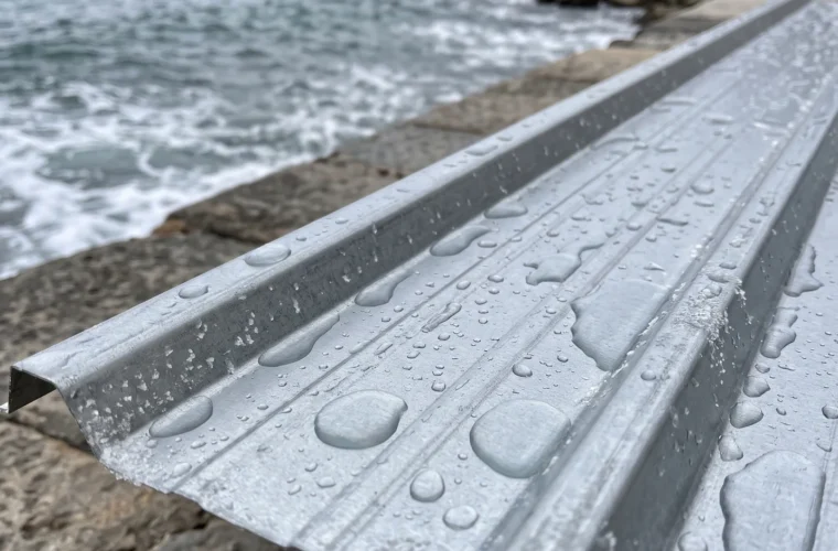 Profilo di lattoneria bagnato su una scogliera, con il mare sullo sfondo